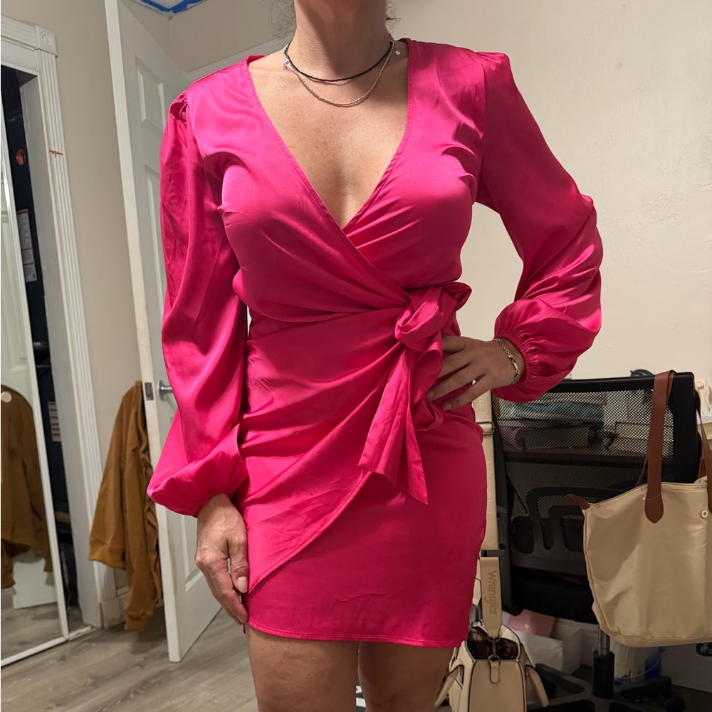 Chic Fuchsia Long Sleeve Wrap Dress - Designer Kim Bolufe